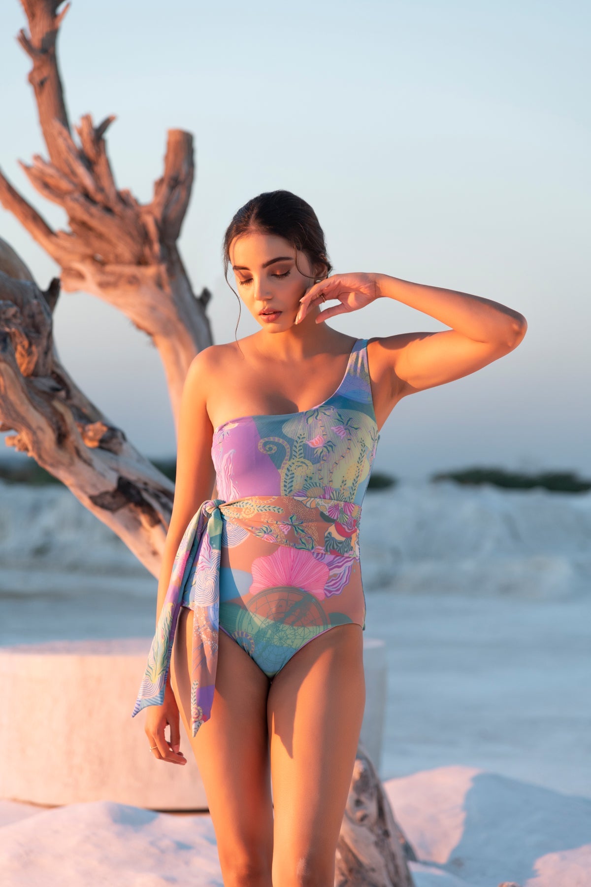 One Shoulder Belted Swimsuit -CORAL REEF